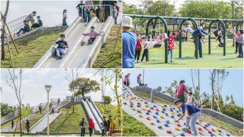 岡山河堤公園 ▏以竹子為主題的共融公園 超長磨石子溜滑梯好刺激。圓環溜索設施、沙坑、鞦韆 孩子玩瘋了。岡山親子景點/高雄景點