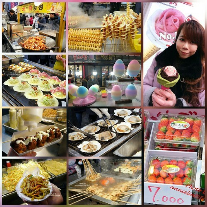 ◎【韓國明洞 (最新)-路邊攤小吃攻略】玫瑰冰淇淋，糖餅，烤生蠔，魚板年糕，big豬肉丸，辣醬炸雞...一路吃