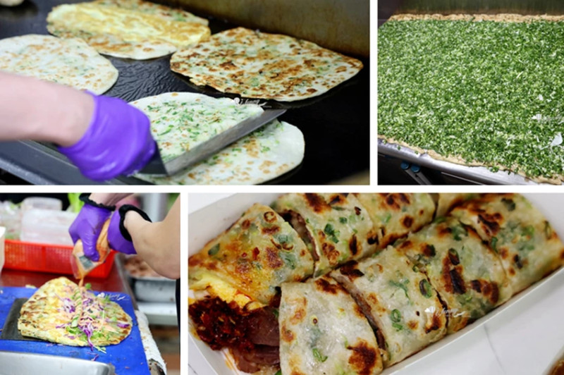 松山站 | 饒河夜市 蔥海手工蔥油餅 有如蔥花地毯的蔥爆牛肉捲餅 必加辣椒