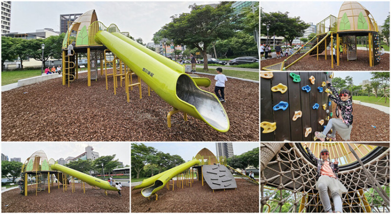 新竹縣竹北市【新竹特色公園】大王花主題遊戲場~竹北兒22公園｜大王花造型遊具｜繩索探險區｜超長綠色水管溜滑梯｜小竹繪本系列