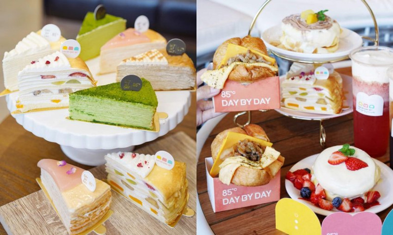 台中美食。新品牌『85度C DAY BY DAY』搶攻網美打卡景點。有韓式厚煎吐司、舒芙蕾、法式千層蛋糕全新菜單！