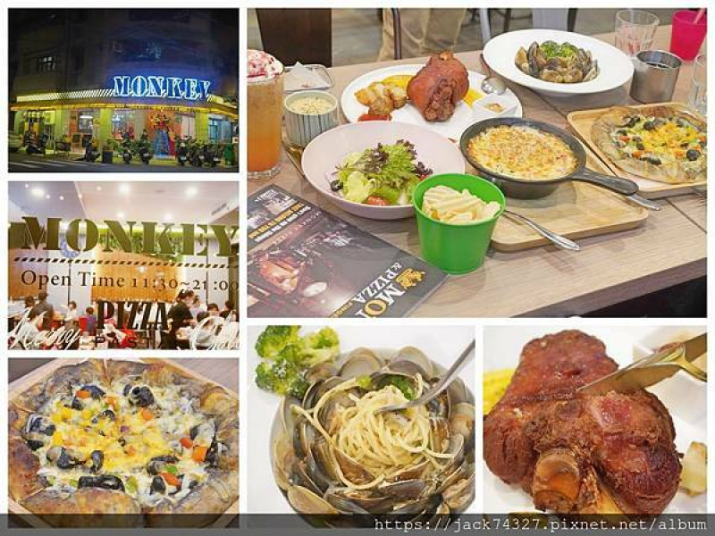 {台中美食}大里地區評價超好的美式工業風餐廳：「猴子PIZZA」，激推「酥烤脆皮德國豬腳」跟「塔克私黑嚕嚕Ｑ起司墨魚PIZZA」！