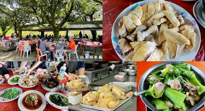 陽明山土雞餐廳 ▶ 竹子湖杉木林餐廳 ▶ 庭院大樹下享用現炒野菜、放山雞 免費地瓜湯、米粉湯!