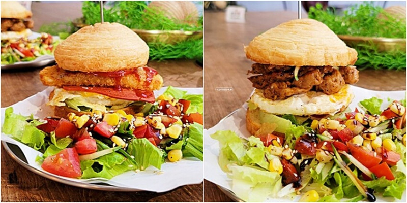 台中少見老宅工業風平價蔬食早午餐，特色丹麥漢堡夾薯餅、朱柳條都很夠味，還有清爽炒麵麵包唷！！